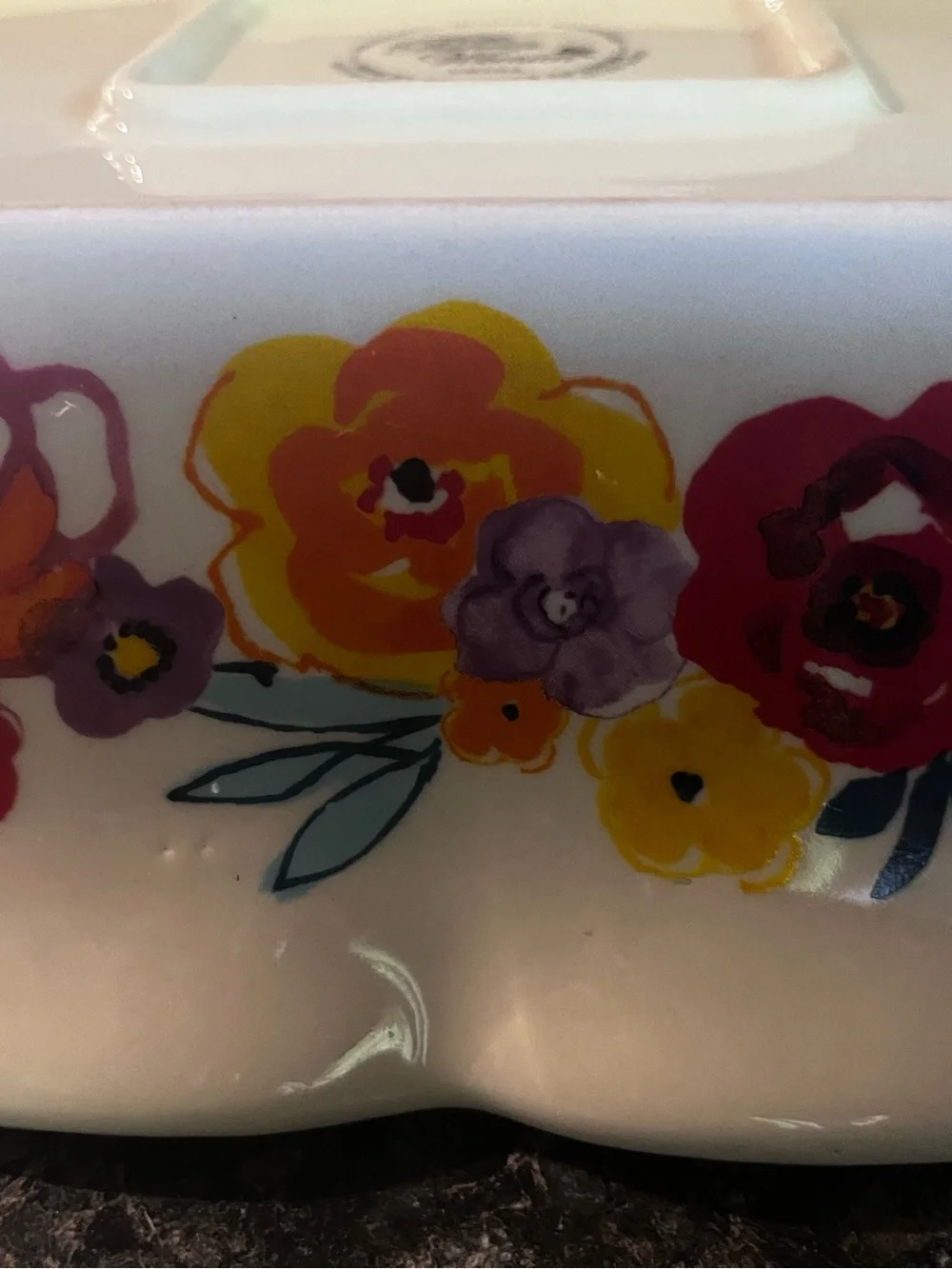 The Pioneer Woman Cream Ceramic Rectangular Baker with Multicolor Floral Border